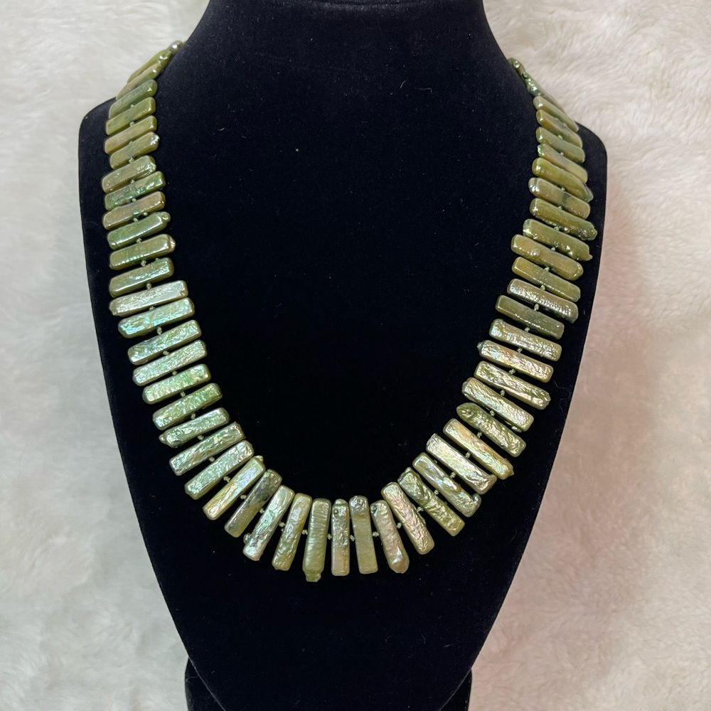 Freshwater Pearl Necklace Pale Green Rectangular Baroque Pearls